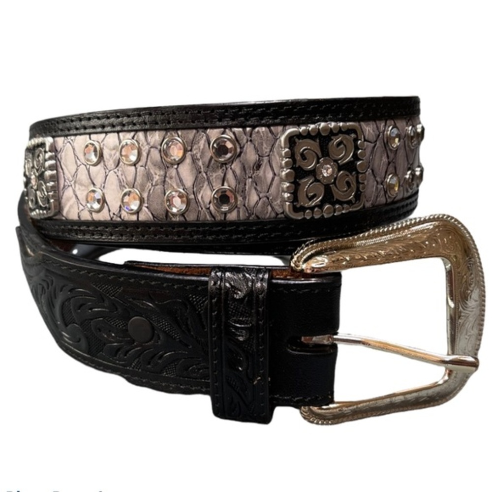 3D Western Belt Leather Crystsls Snake Embossed Black/Silver Sz 38